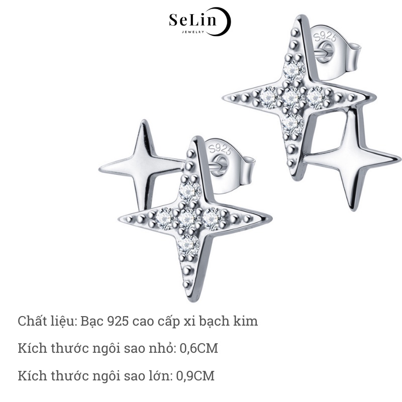 Khuyên tai bông tai bạc 925 nữ đính đá 2 ngôi sao lấp lánh SELIN JEWELRY