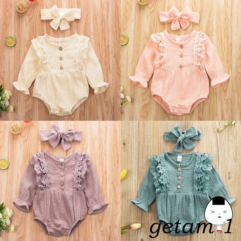 ✨WBB-Fashion Lovely Newborn Baby Girl Cotton Linen Lace Floral Long Sleeve Romper Outfit