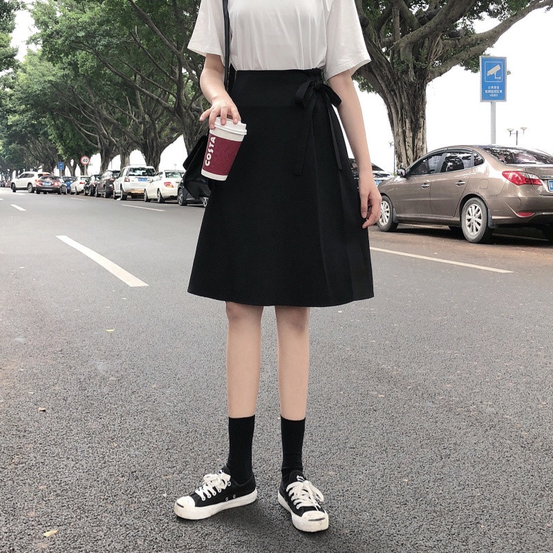 Chân Váy Công Sở Lưng Cao Chân Váy uzzlang Trẻ Trung Xếp Li Nơ dài 58cm