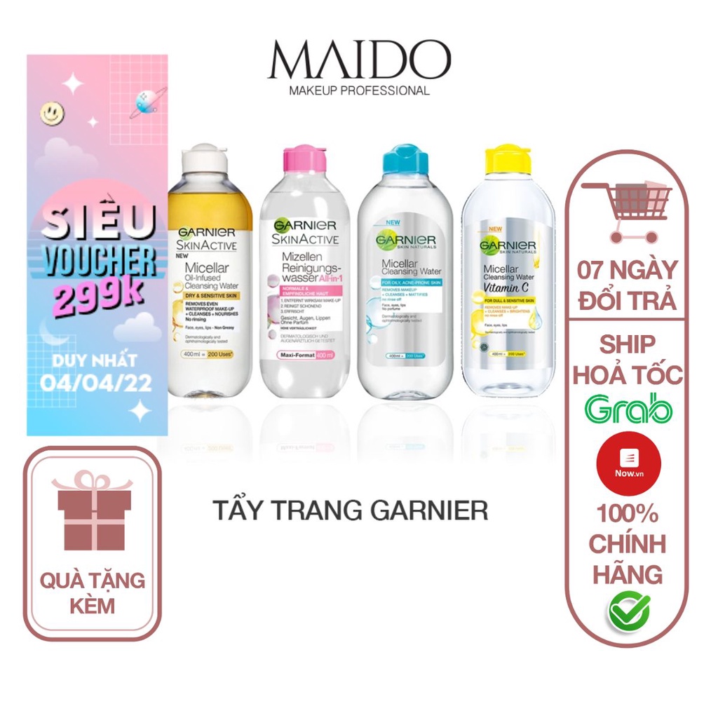Nước tẩy trang Garnier Micellar Hồng/ Vàng/ Xanh/Trắng Skinactive Cleansing Water MAIDO COSMETICS