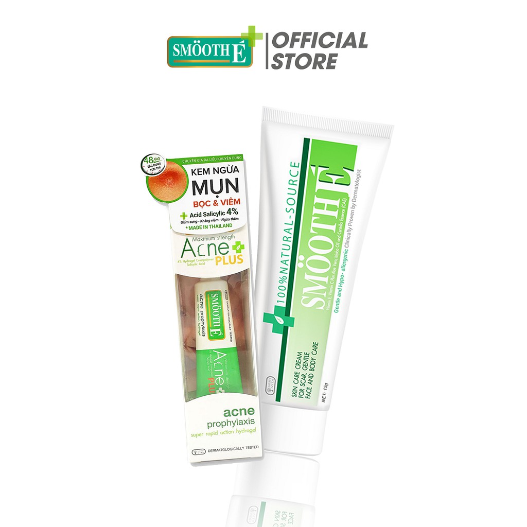 Smooth E VN - Bộ kem ngăn ngừa mụn HydroGel Plus 4% 10g và kem dưỡng ngăn ngừa thâm mụn Cream Natural Source 15g