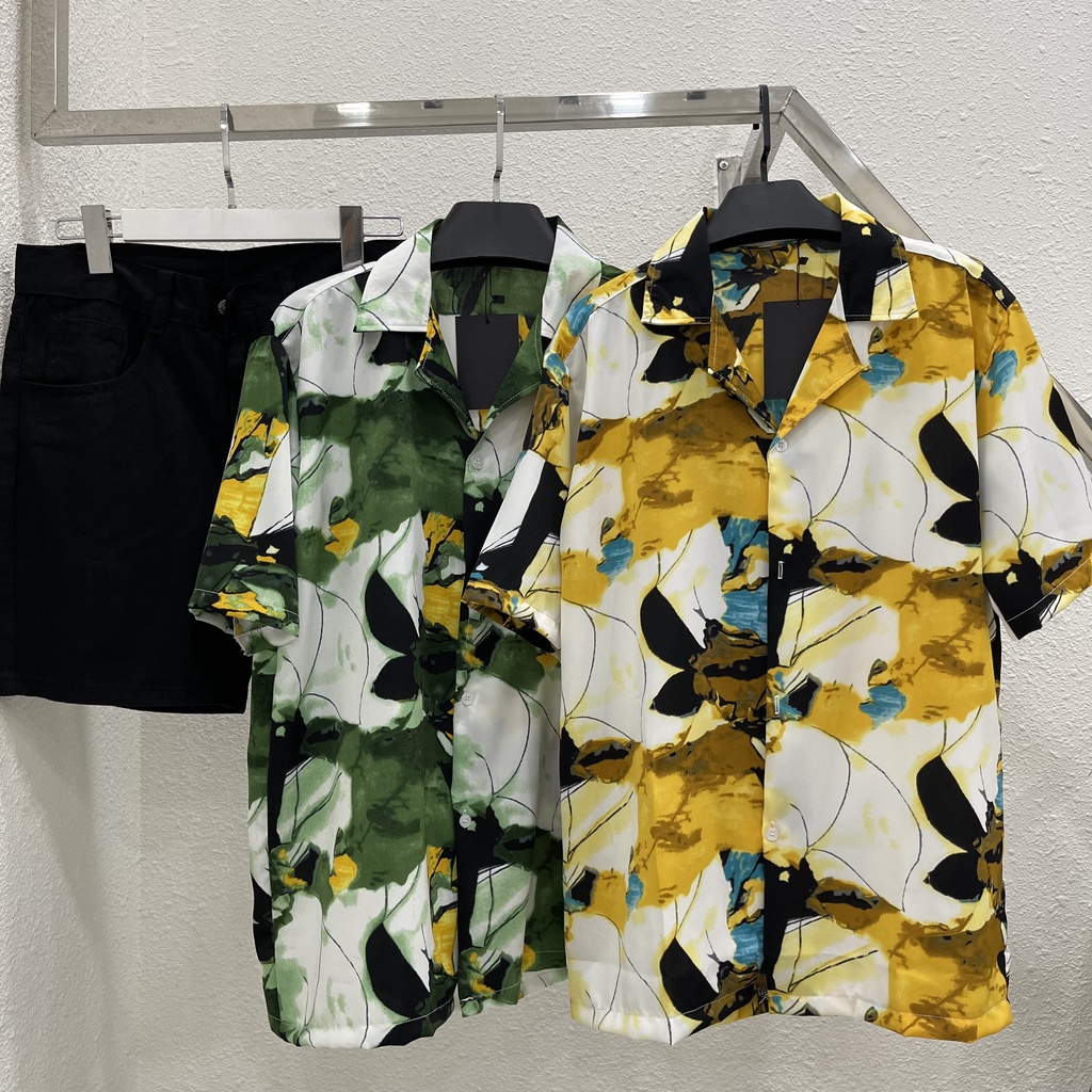 Áo sơ mi tay ngắn hoạ tiết vết sơn gỗ  áo cuban shirt ngắn tay cổ vest mùa hè