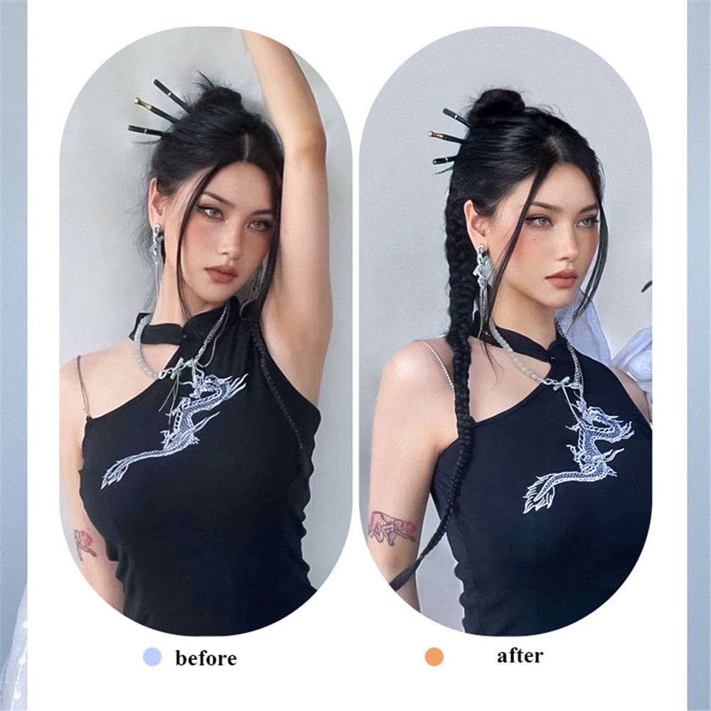 Bộ 2 Tép Tóc Giả Màu Đen Thắt Bím Đuôi Ngựa Phong Cách Hip Hop