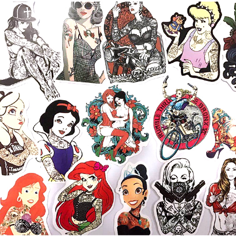 Bộ 50 miếng sticker hình cô gái có hình xăm đẹp trang trí xe hơi/máy tính xách tay văn phòng/cốp xe/đàn guitar