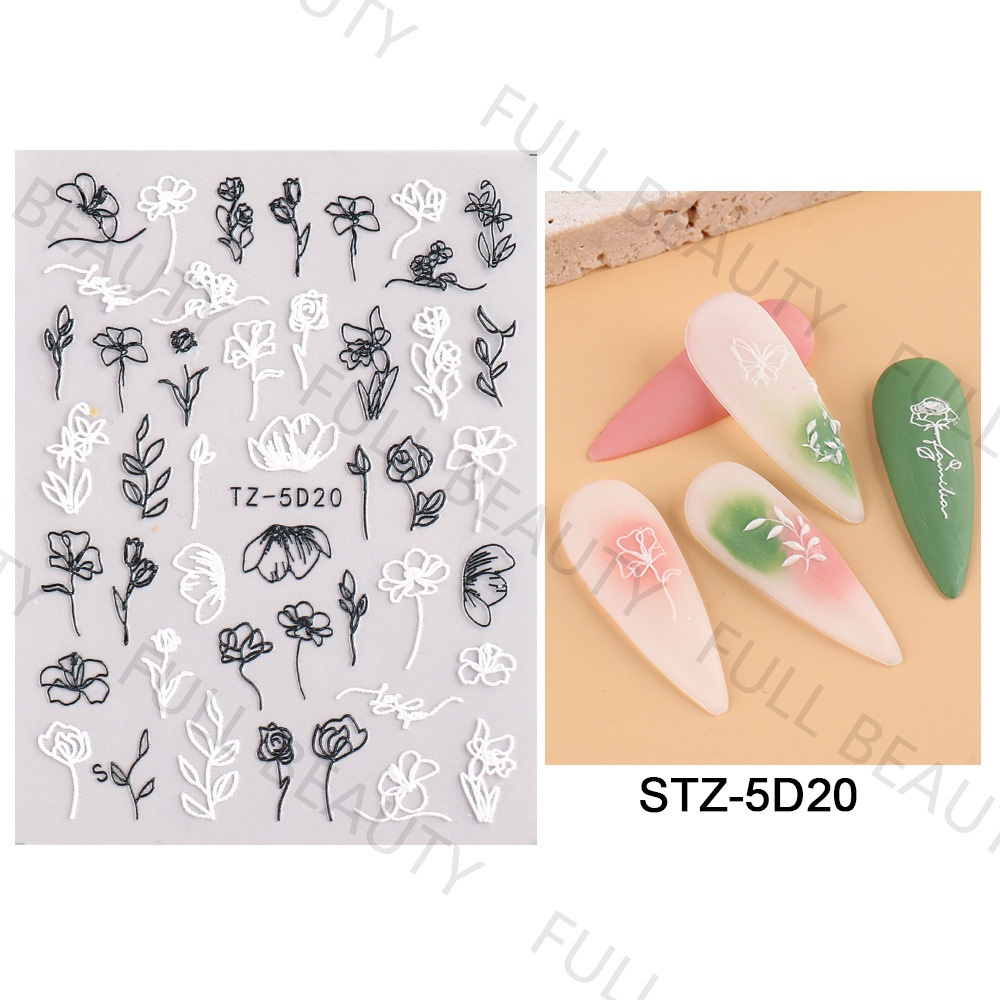 Miếng Dán Móng Tay Hình Hoa Hồng Trắng Đen 5D 2022