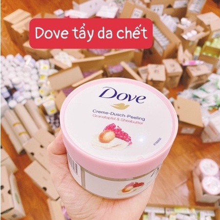Kem tẩy da chết toàn thân Dove Creme Dusch Peeling dưỡng da sáng mịn chiết xuất bơ hạt mỡ và lựu đỏ 225ml - Nội địa Đức