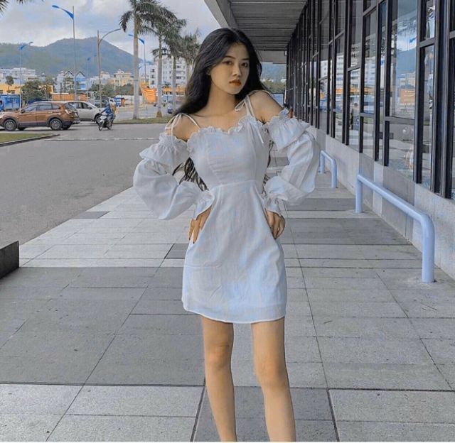 Đầm hai dây rớt vai tay bo trắng đen có mút ngực - Chang Dress(Có Ảnh Thật)