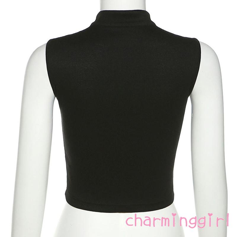 Chm-áo Sát Nách Ngắn Cổ Đứng In Họa Tiết Cá Chữ Thư Pháp Phối Màu Nổi Bật Thời Trang Cho Nữ