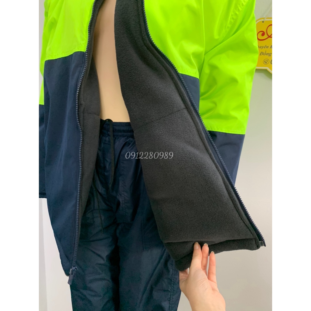 Quần áo bảo hộ trong kho đông lạnh -30 độ có lót lông ấm áp màu xanh đen phối xanh neon _ Hình chụp thật