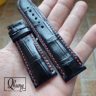 Dây đồng hồ cá sấu da bụng màu đen chỉ đỏ khâu tay thủ công