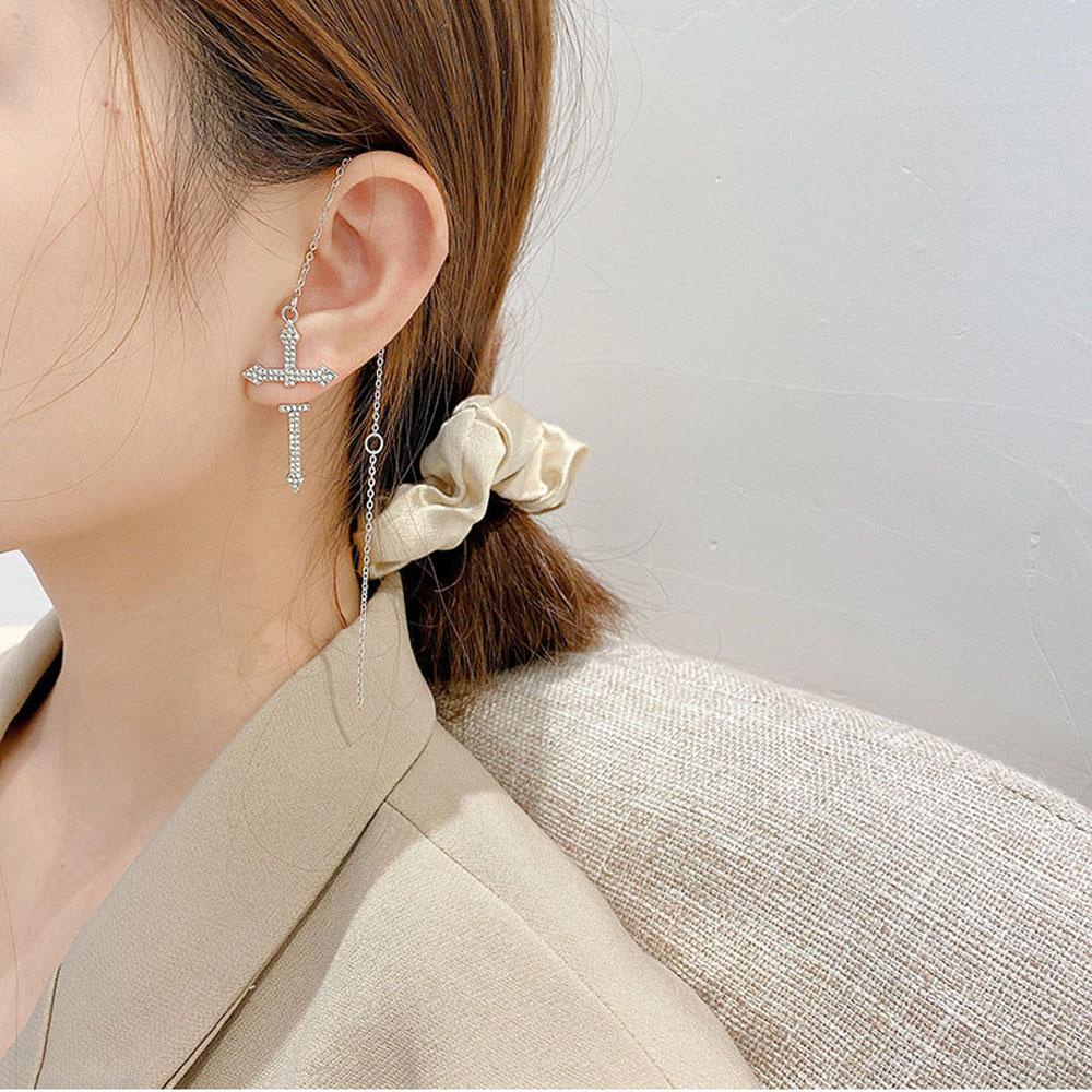 Khuyên Tai VANES1 Dạng Chuỗi Dài Mặt Thánh Giá Phong Cách Punk Sáng Tạo Thời Trang