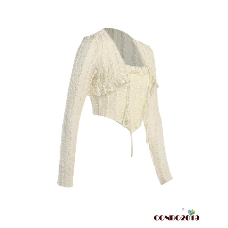 HGM-Women´s Spring Summer Outfit Sets Long Sleeve Knotted Crop Tops + Solid Square Neck Camisole