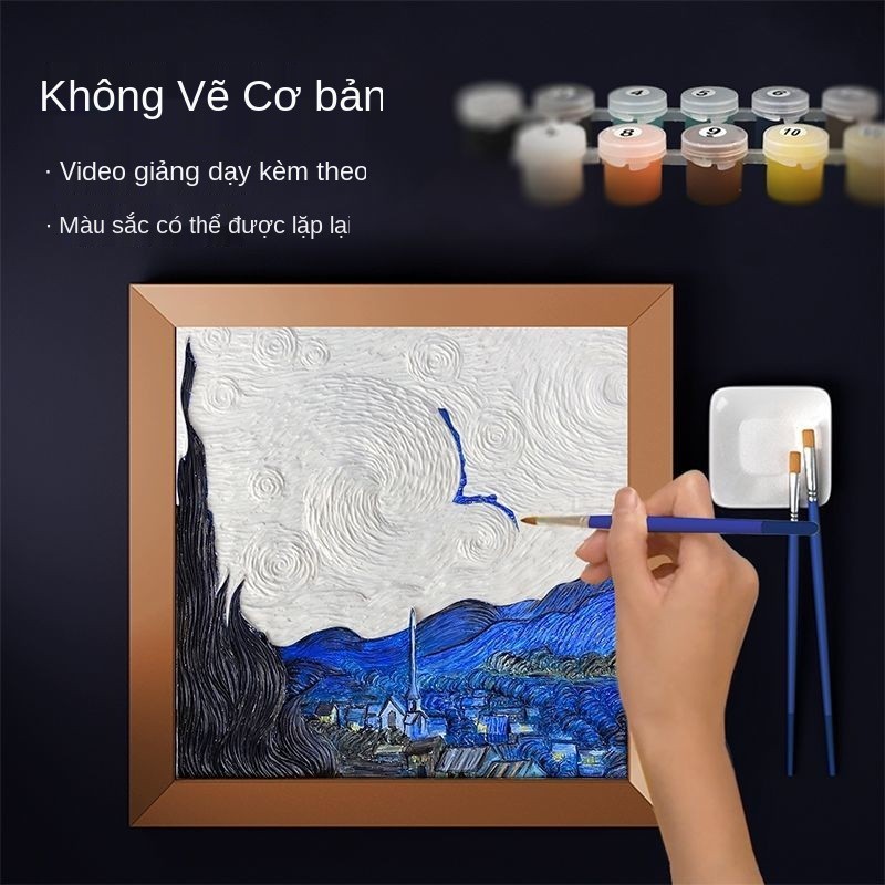 Bức tranh sơn dầu kỹ thuật số phù điêu ba chiều vẽ tay Van Gogh tự làm và tô màu hiếp dâm trang trí hoa hướng dương Châu