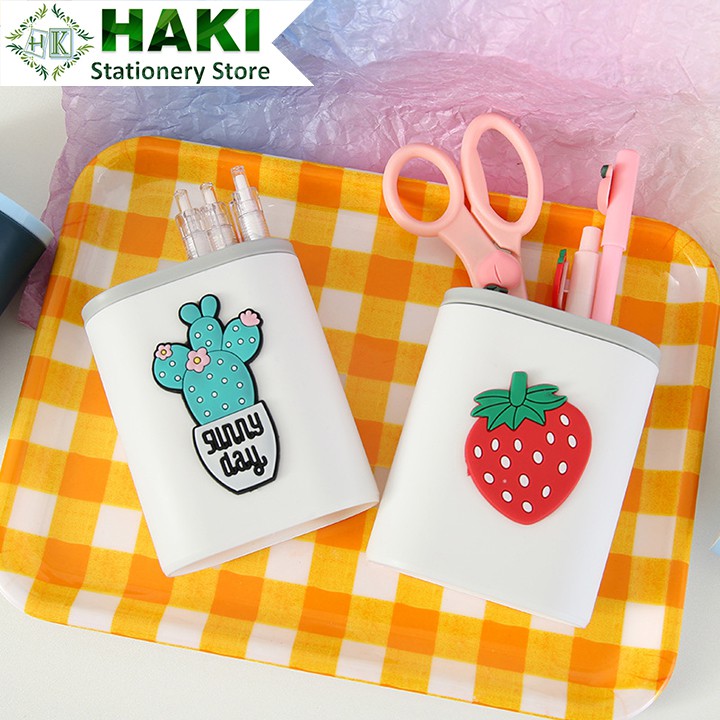 Ống cắm bút 2 ngăn HAKI, ống cắm bút đa năng đựng bút phụ kiện văn phòng phẩm OB02
