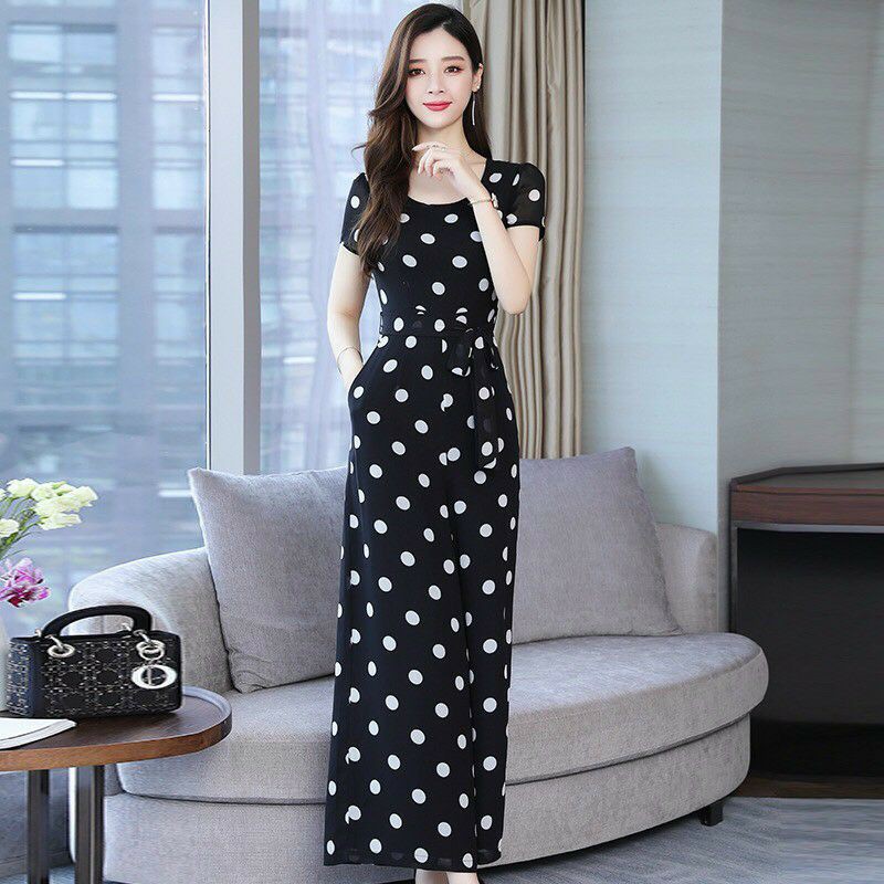 Jumpsuit dài chấm bi cổ tròn vải lụa đủ size mặc đi làm, đi chơi