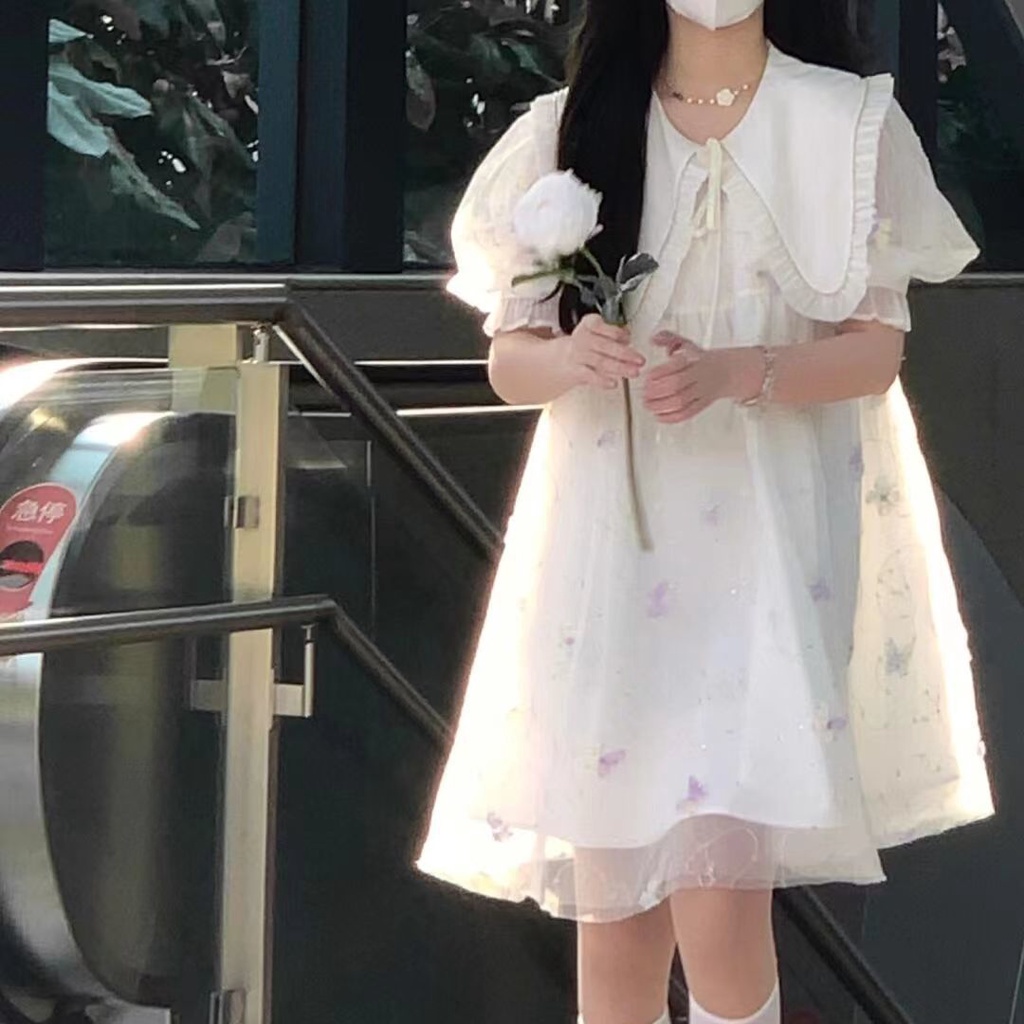 Đầm Tay Phồng Cổ Búp Bê Phối Lưới Phong Cách Hàn Quốc Thời Trang Mùa Hè Xinh Xắn Cho Nữ