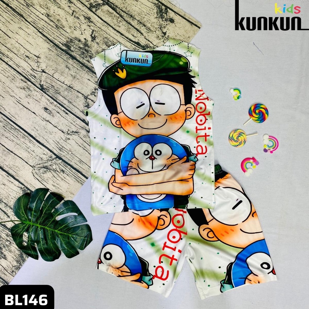 Quần áo trẻ em in 3D doraemon nobita size đại từ 10-60kg KunKun BL146 - Bộ ba lỗ bé trai thun lạnh co giãn 4 chiều