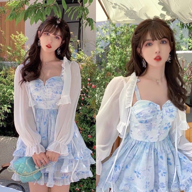 Váy 2 Dây Xoè Tầng Màu Xanh Blue Kèm Áo Khoác Mỏng Nhẹ (hàng loại 1 có mút) Đầm Xoè Dáng Ngắn