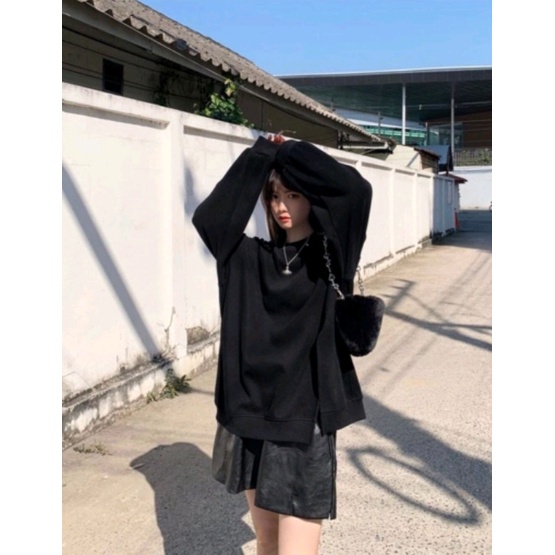 Áo sweater nữ cổ tròn xẻ tà trơn  Form rộng dài tay,áo sweate màu (đen,hồng,trắng kem) | BigBuy360 - bigbuy360.vn