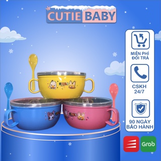 Bát ăn dặm cho bé có quai kèm thìa muỗng - Bộ chén ăn dặm inox 304 giữ nhiệt cho trẻ - Bát kiểu nhật - An toàn cho bé