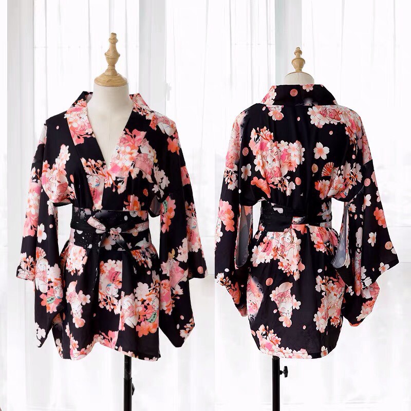 Váy ngủ kimono quyến rũ áo choàng ngủ hoa với màu đen gợi cảm