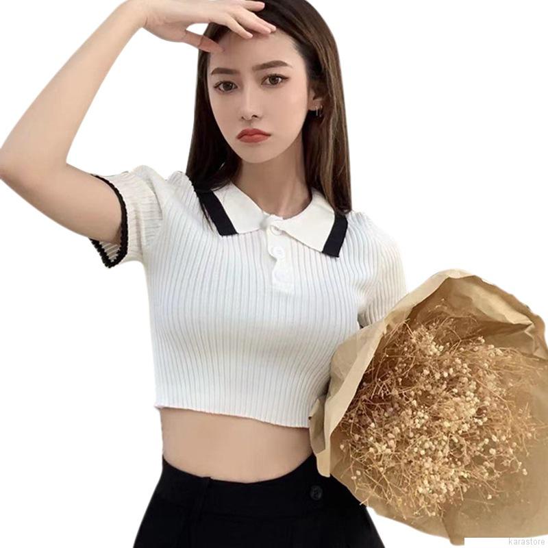 Áo thun tay ngắn cổ bẻ dáng ôm màu sắc tương phản phong cách Hàn Quốc thời trang