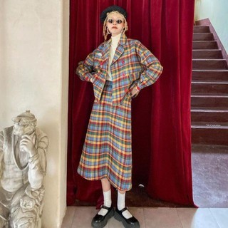 Set trang phục nữ áo khoác blazer + chân váy chữ A dáng dài kẻ caro màu siêu Tây có size