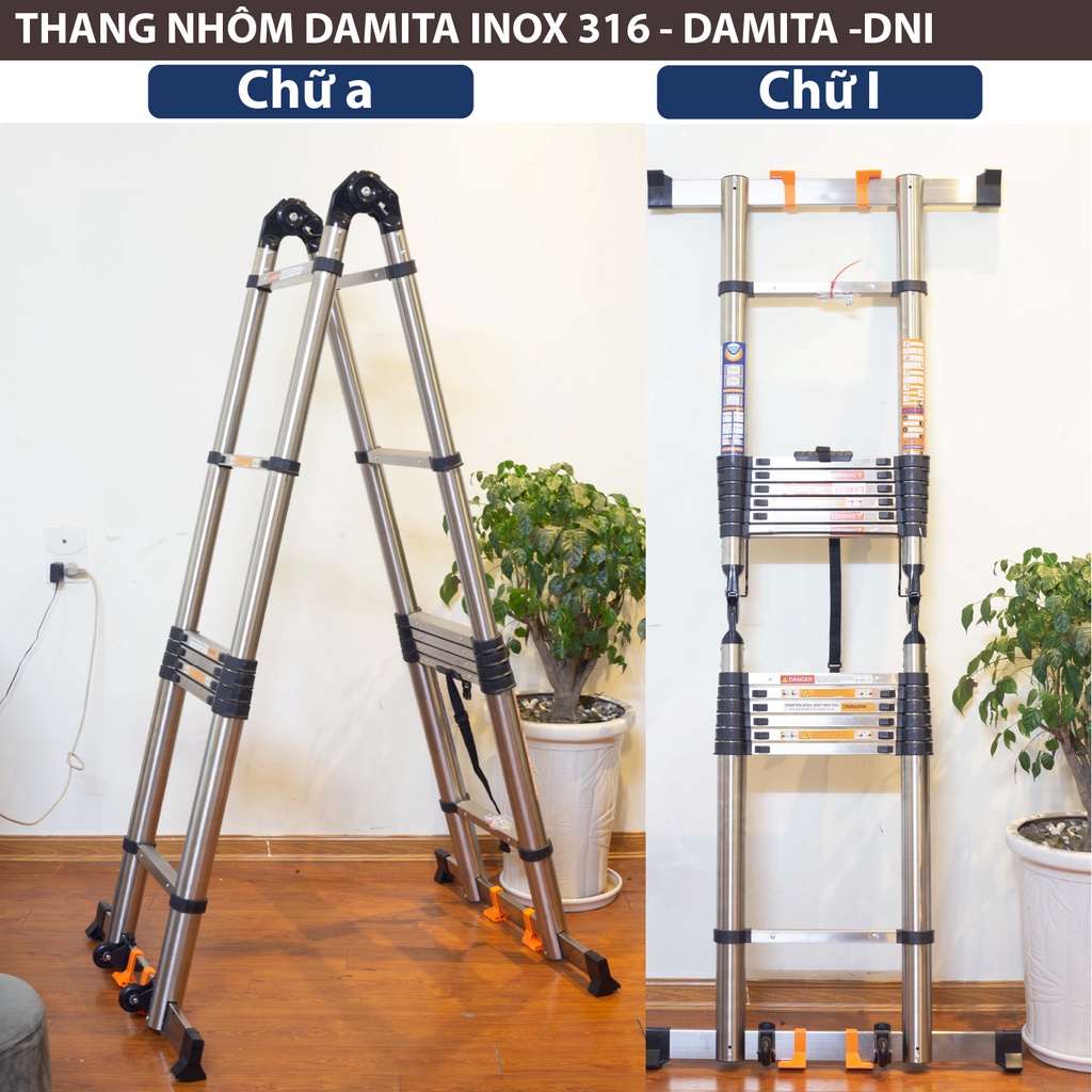 Thang Nhôm Rút chữ A INOX 316 A 5met6 2.8+2.8 cao cấp có bánh xe đai khóa chốt lưng mẫu mới 2022 độc quyền DAMITA korea