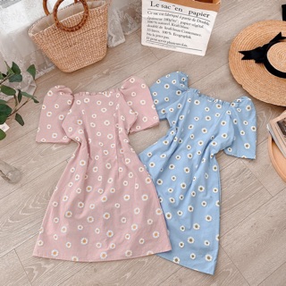 ĐẦM HOA CÚC CỔ VUÔNG XẾP LY