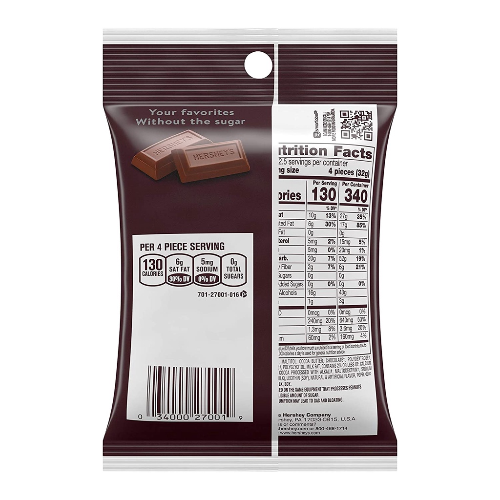 Kẹo Socola HERSHEY'S không đường zero Sugar 85gr bill Mỹ