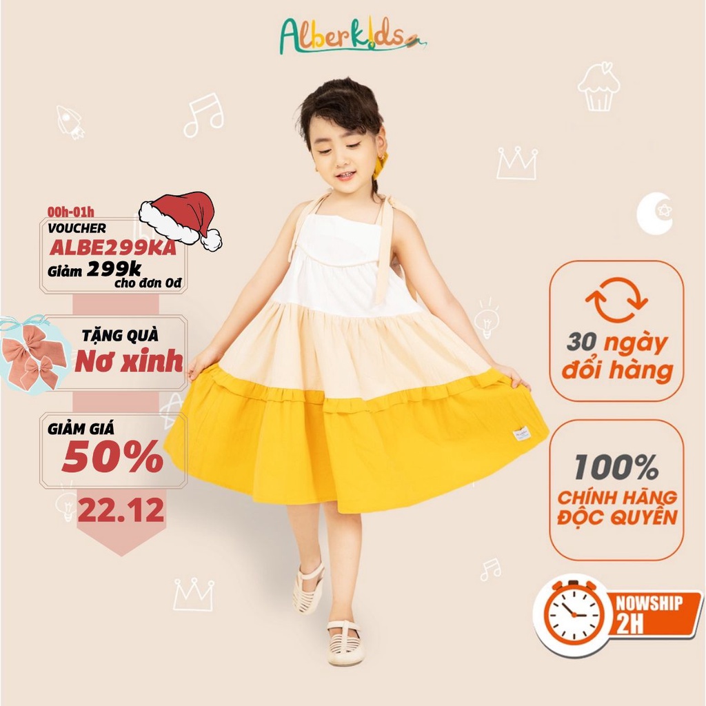 Váy cho bé gái ALBER KIDS 2 dây 3 màu vàng công chúa xinh đẹp cho trẻ em 2,3,4,5,6,7,8,9,10,11,12 tuổi [V24]