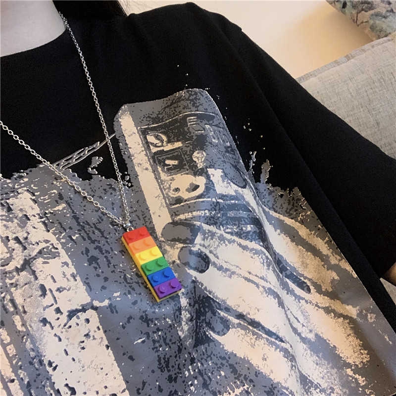 Dây chuyền mặt hình mảnh lắp ráp màu sắc cầu vồng độc đáo cho nam và nữ