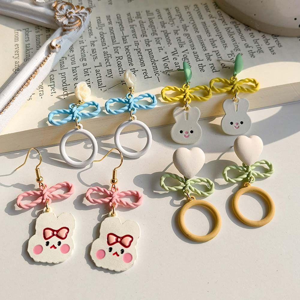 Khuyên Tai Acrylic Hình Tròn Họa Tiết Thỏ / Gấu Khoét Lỗ Thời Trang Dự Tiệc Cho Nữ