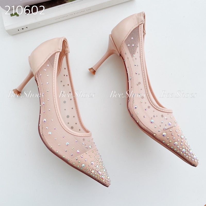 BEESHOES - GIÀY CAO GÓT LƯỚI ĐÍNH ĐÁ GÓT NHỌN CAO 7 PHÂN - GIÀY CAO GÓT THỜI TRANG DỄ ĐI DA MỀM EM CHÂN 210602