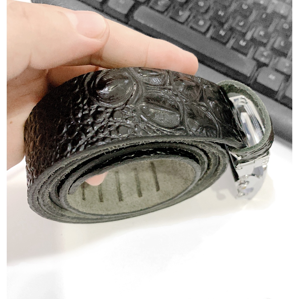 Thắt Lưng Nam Da Bò Nguyên Miếng 1 Lớp Màu ĐenDập Vân Cá Sấu Mặt Khóa Tự Động Màu Bạc