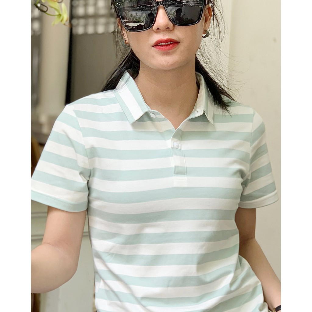 Áo thun nữ Polo cổ sơ mi TOLI, chất cotton 4 chiều mềm mịn, co dãn Sọc ngang 2cm màu ngói thời trang