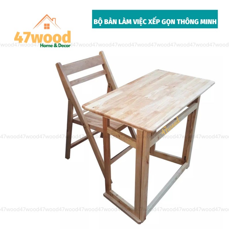 Bộ bàn ghế gỗ thông minh, bộ bàn làm việc gỗ cao su - bộ bàn học gấp gọn bằng gỗ