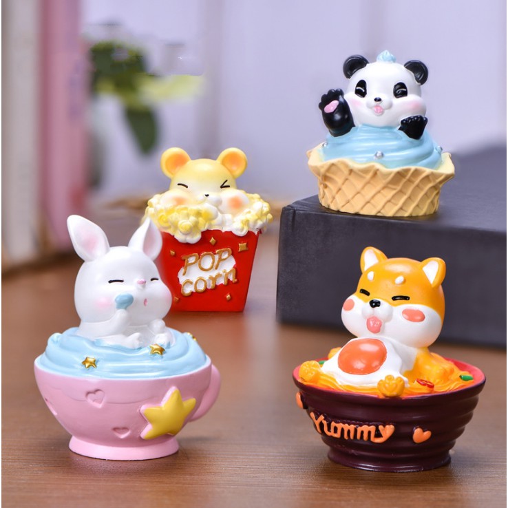 Charm tách trà, cốc kem, bát mỳ với mẫu thú đáng yêu (Panda, Shiba, Rabbit và Rat) dùng làm móc khóa, DIY