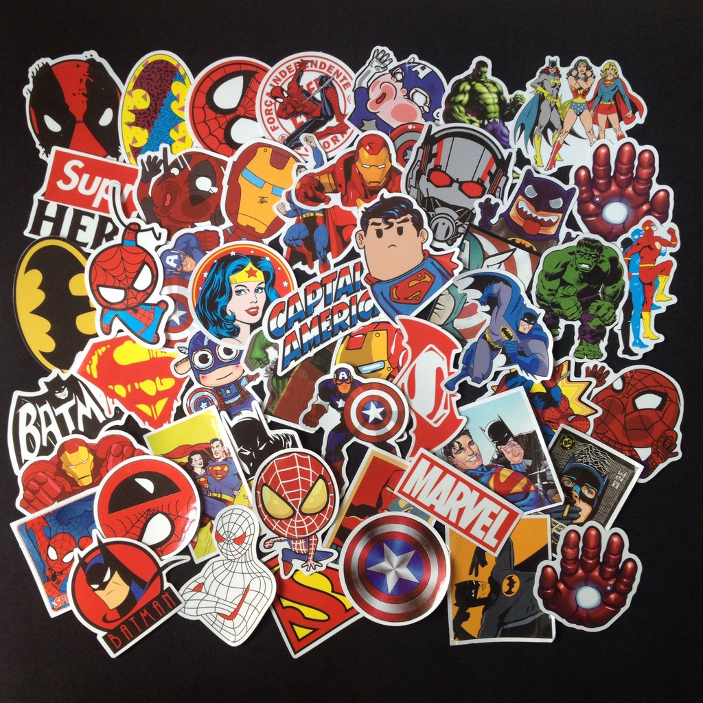 Bộ Sticker dán cao cấp chủ đề MARVEL-DC SIÊU ANH HÙNG - Dùng dán Xe, dán mũ bảo hiểm, dán Laptop, dán Vali...