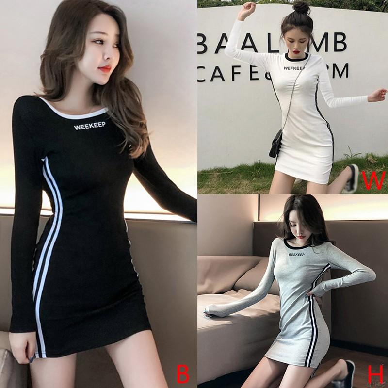 Đầm Bó Tay Dài Cổ Tròn In Chữ Kiểu Hàn Cho Nữ