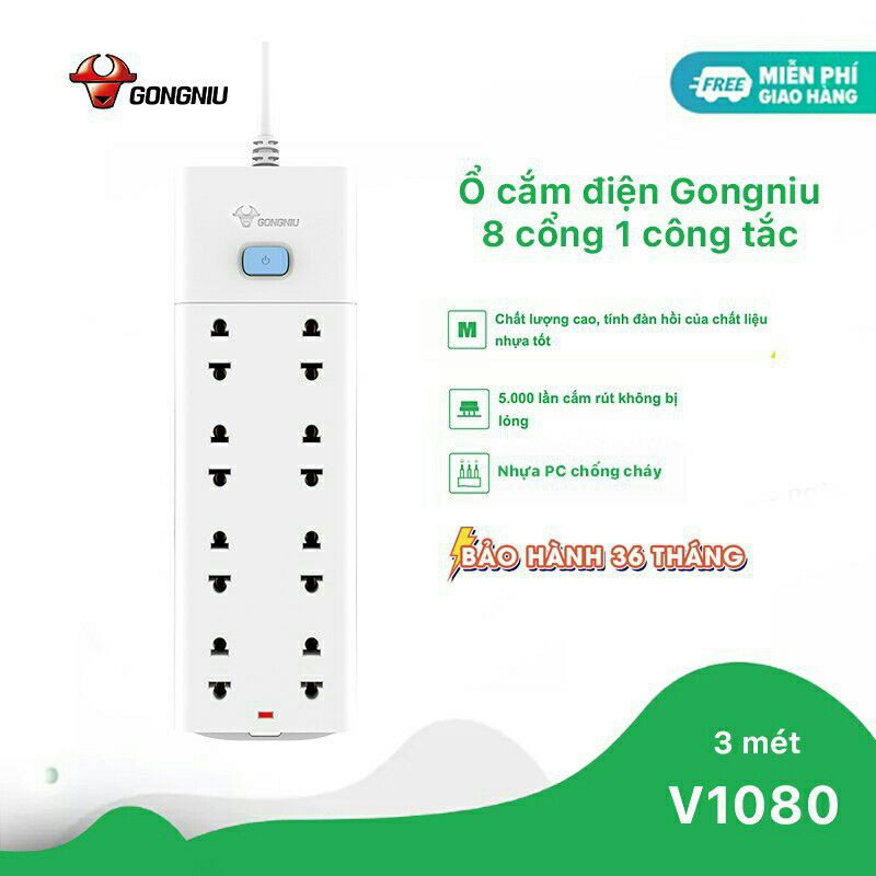 Ổ Cắm Điện Gongniu 8 Ổ Cắm 1 Công Tắc-2500W 10A (V1080)-Chính Hãng