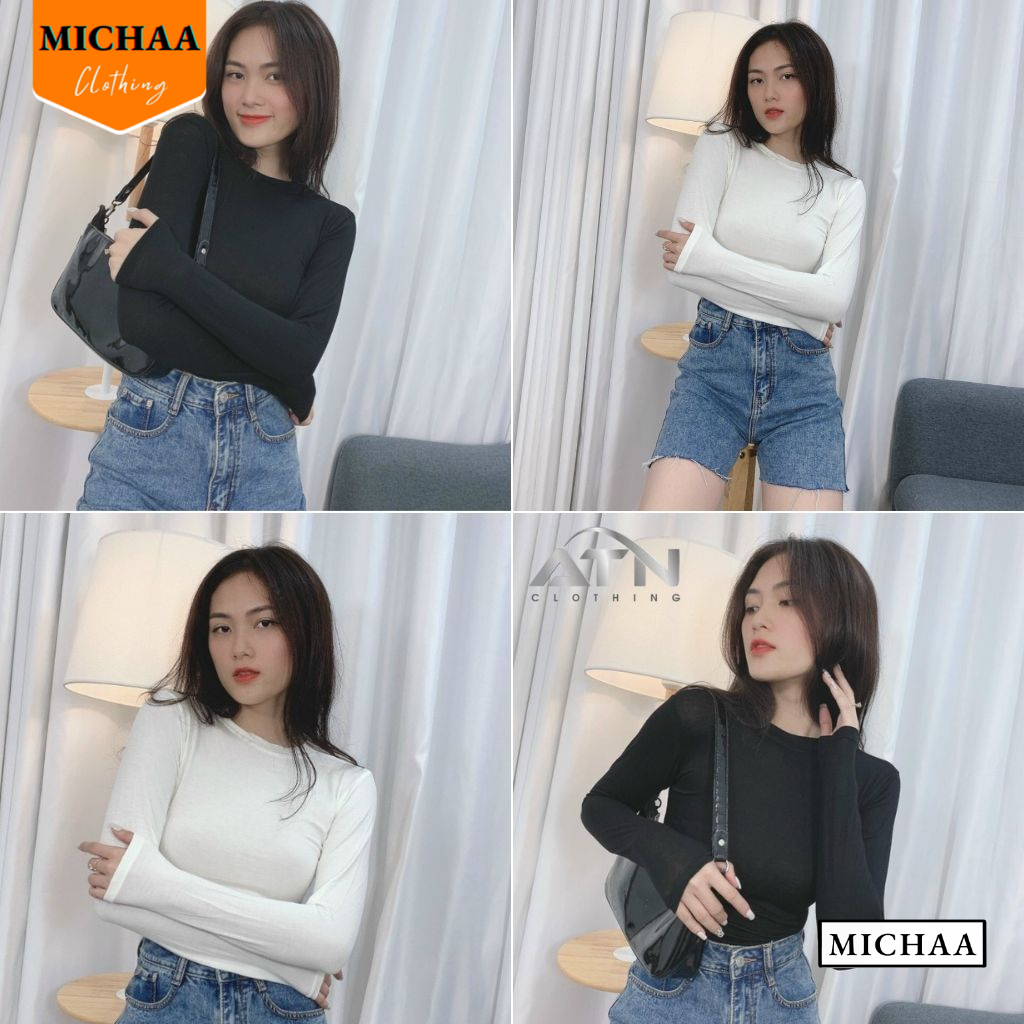 Áo Thun CỔ TRÒN DÁNG DÀI Tay Dài, Áo Thun Basic Chất Thun Gân Thời Trang - MICHAA CR54