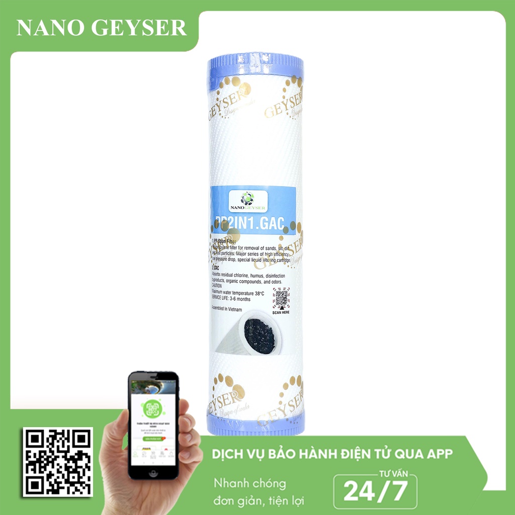 Bộ 2 lõi lọc nước 12 dùng cho các dòng máy NANO và UF, Lõi PP.2IN1.GAC, Cation Nano Geyser