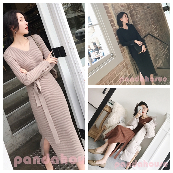 Women Dress Round Collar Knit Dress Autumn Slim Long Sleeve Mid-length Casual Sweater Belt Dress Wool Clothing | BigBuy360 - bigbuy360.vn