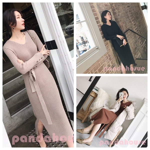 Women Dress Round Collar Knit Dress Autumn Slim Long Sleeve Mid-length Casual Sweater Belt Dress Wool Clothing