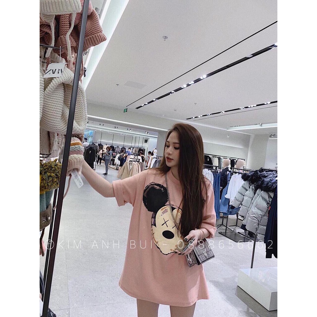 Áo thun form rộng xinh xinh màu hồng cute in hình chuột mickey trước sau xinh