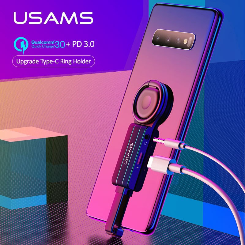 USAMS Type C to 3.5mm Aux Audio Ring Holder Adapter OTG QC3.0 PD Fast Charging Samsung Huawei Xiaomi