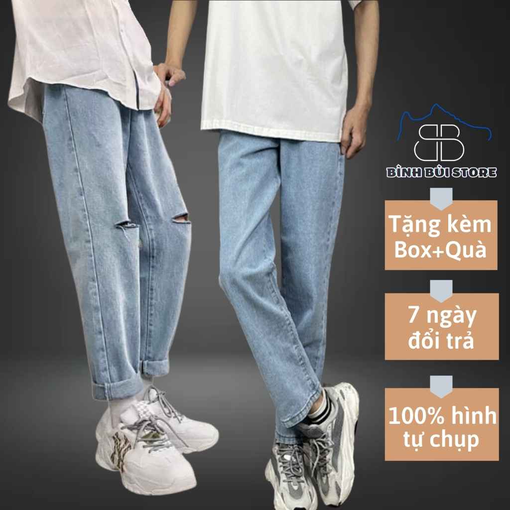 Quần Jean Nam Rách Gối Ống Côn Baggy Dáng Đứng Phong Cách Ulzzang Hàn Quốc