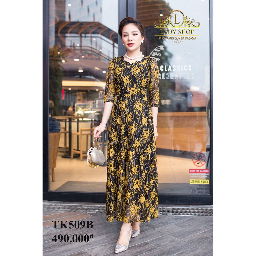 Thời trang trung niên - Đầm quý bà cao cấp - Ladyshop - Đầm maxi ren hoa cổ hoa TK509