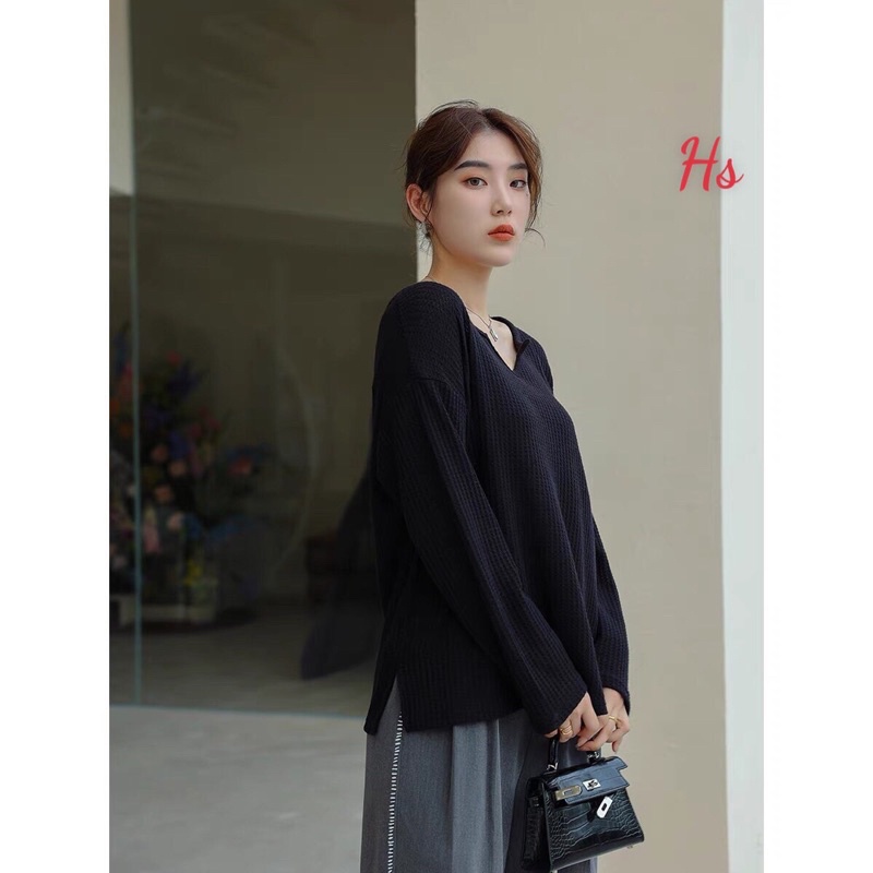 Áo Thun Trơn Nữ Dài Tay Cổ Khoét Chất Tổ Ong 4 Màu